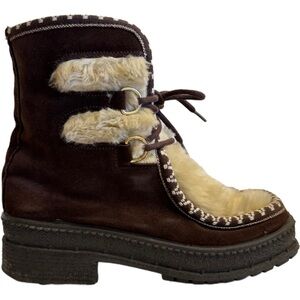 Vintage Italian Apres Ski Boots Size 5 / 36 Brown Beige Suede Faux Fur Lace Up